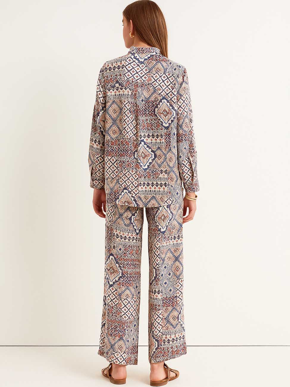 Women Bohemia Print Botton Down Shirt Pants 2PCS Set