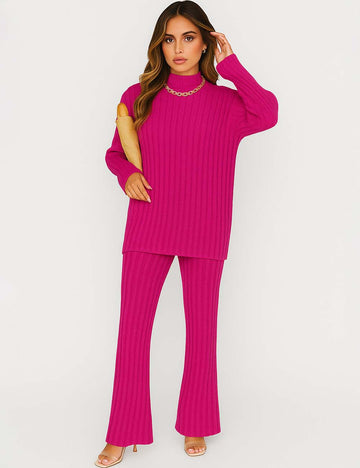 Ladies Solid High Collar Sweater Flared Pants Set