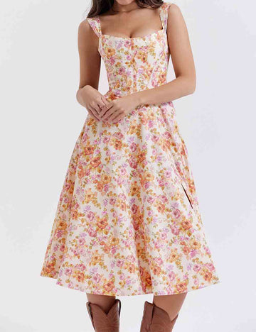 Ladies Floral Print Strape Shoulder Slit Midi Dress