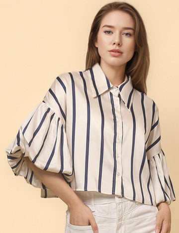 Ladies Lantern Sleeve Striped Short Shirt SKT4815