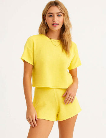 Ladies Solid Color Short Sleeves Knit Top & Shorts Set