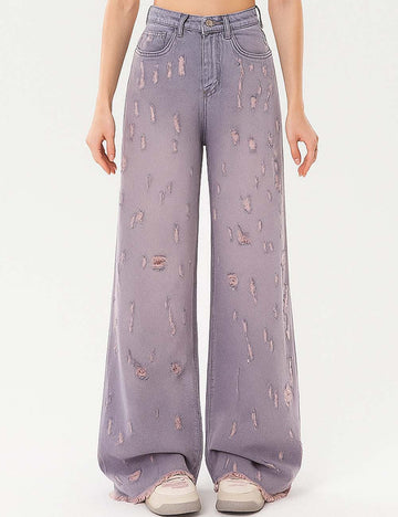 Ladies Distressed Button Closure Wide Leg Denim Pants