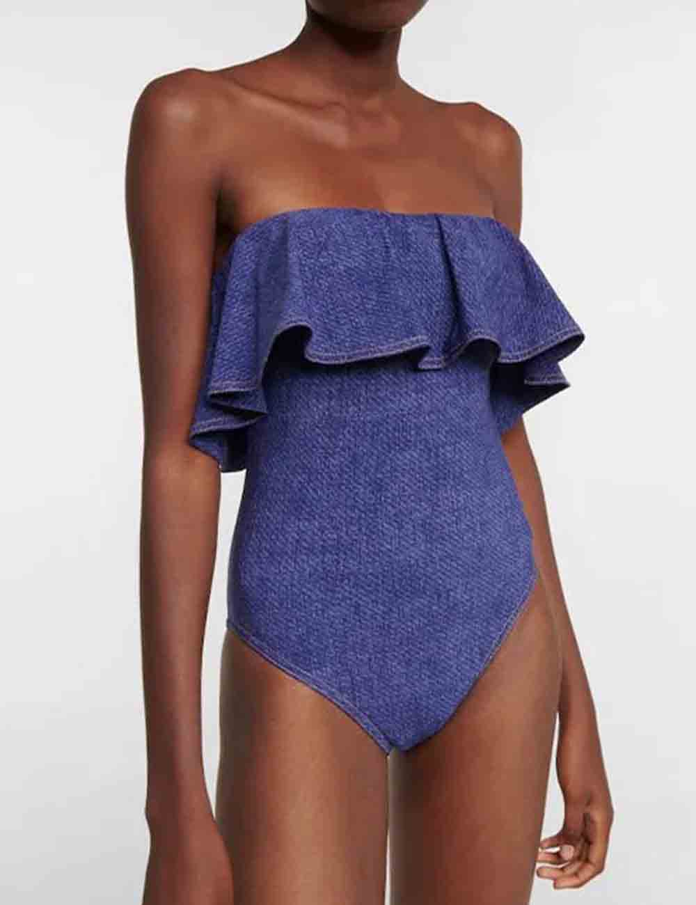 Ladies Off-Shoulder Denim One Piece Swimwear with Salong