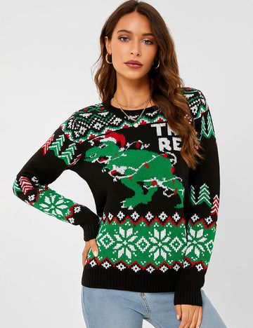 Ladies Christmas 2025 Dinosaur Pattern Round Neck Sweater