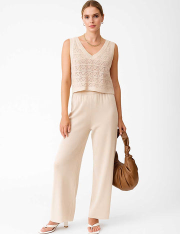 Ladies V-Neck Solid Color Hollow Out Knit Vest & Pants Set