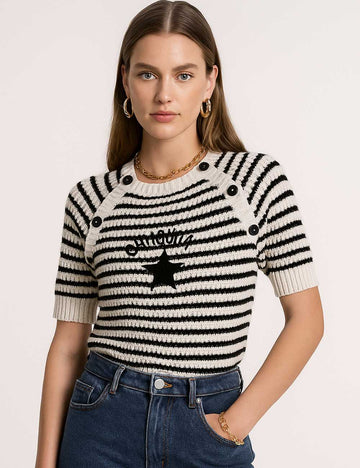 Ladies Round Neck Striped Knit Star Short Sleeveless Top