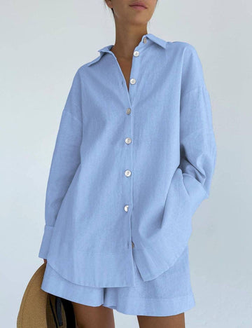 Ladies Solid Color Button Down Shirt Shorts 2PCS Set 2S1612B
