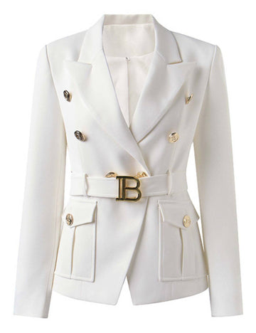 Women Solid Color V-neck Blazer with Waist Band SKT51097