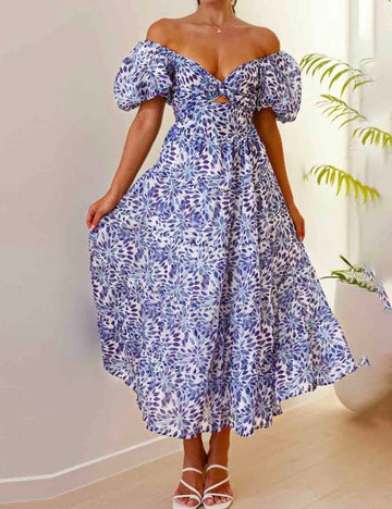 Ladies Bubble Short Sleeves Floral Print Midi Dress SKD51118