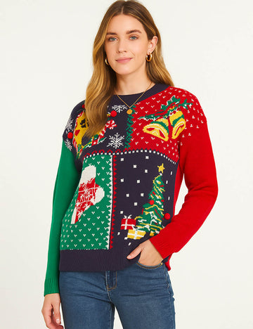 Ladies Christmas Tree Snowflake Pattern Round Neck Holiday Sweater