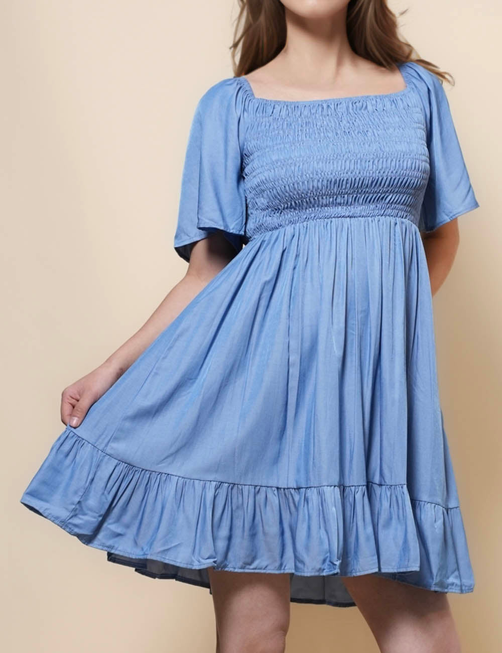 Ladies Square Neck Short Sleeves Denim Mini Dress SKD50023