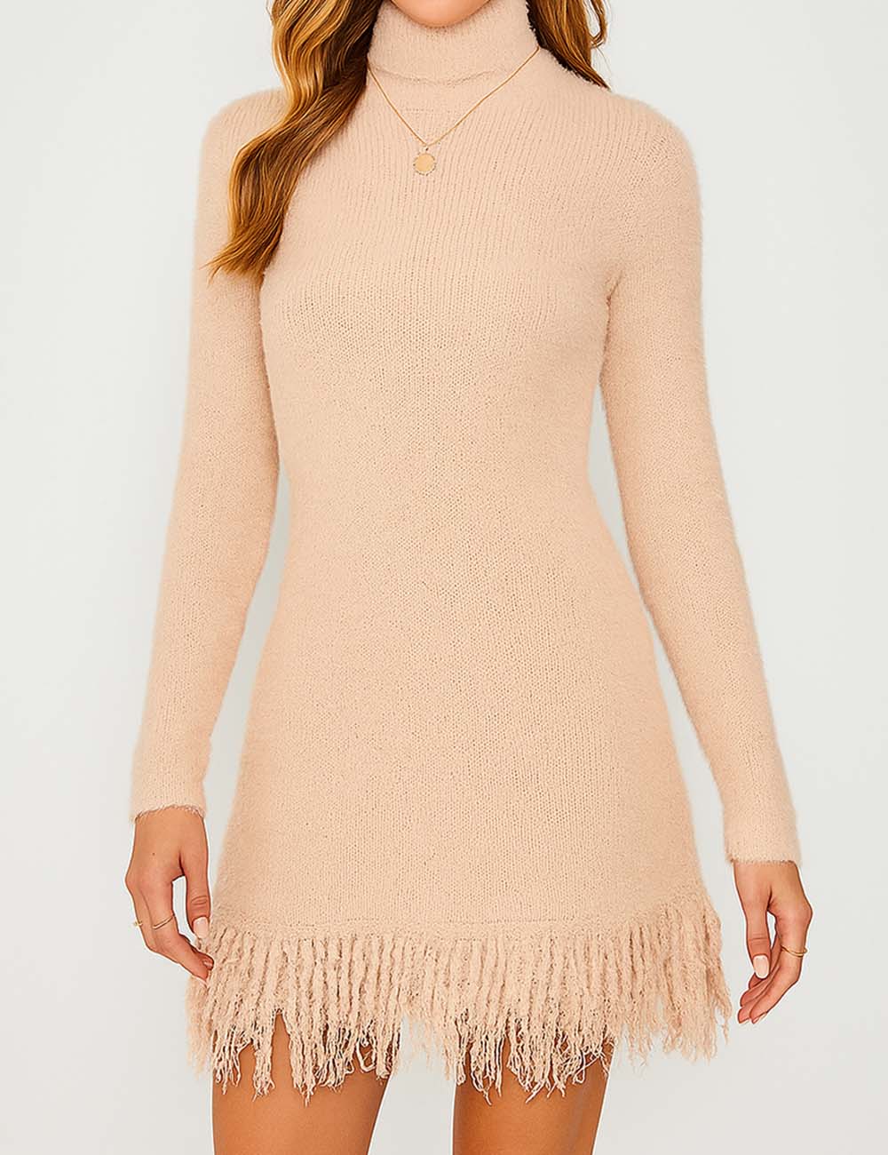 Ladies Solid Color Stand Collar Tassels Knit Mini Dress 9/29