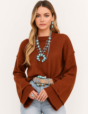 Ladies Solid Color Round Neck Long Sleeves Sweater