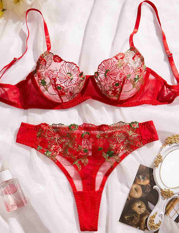Ladies Floral Embroidery See Through 2PCS Lingerie Set 8HF4361