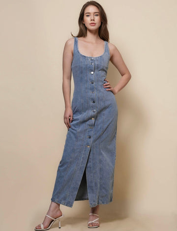 Ladies Square Neck Bottton Denim Midi Dress SKD50063