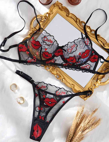 Ladies Red Lip Embroidery See Through 2PCS Lingerie Set 8HF4146