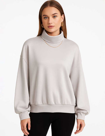 Ladies Solid Color Mock Neck Long Sleeves Sweatshirt