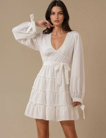 Ladies Ruffle Waist Tie White Mini Dress SKD5CF96