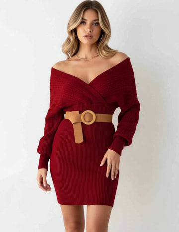Ladies Solid Color V-Neck Long Sleeves Belt Sweater Dress