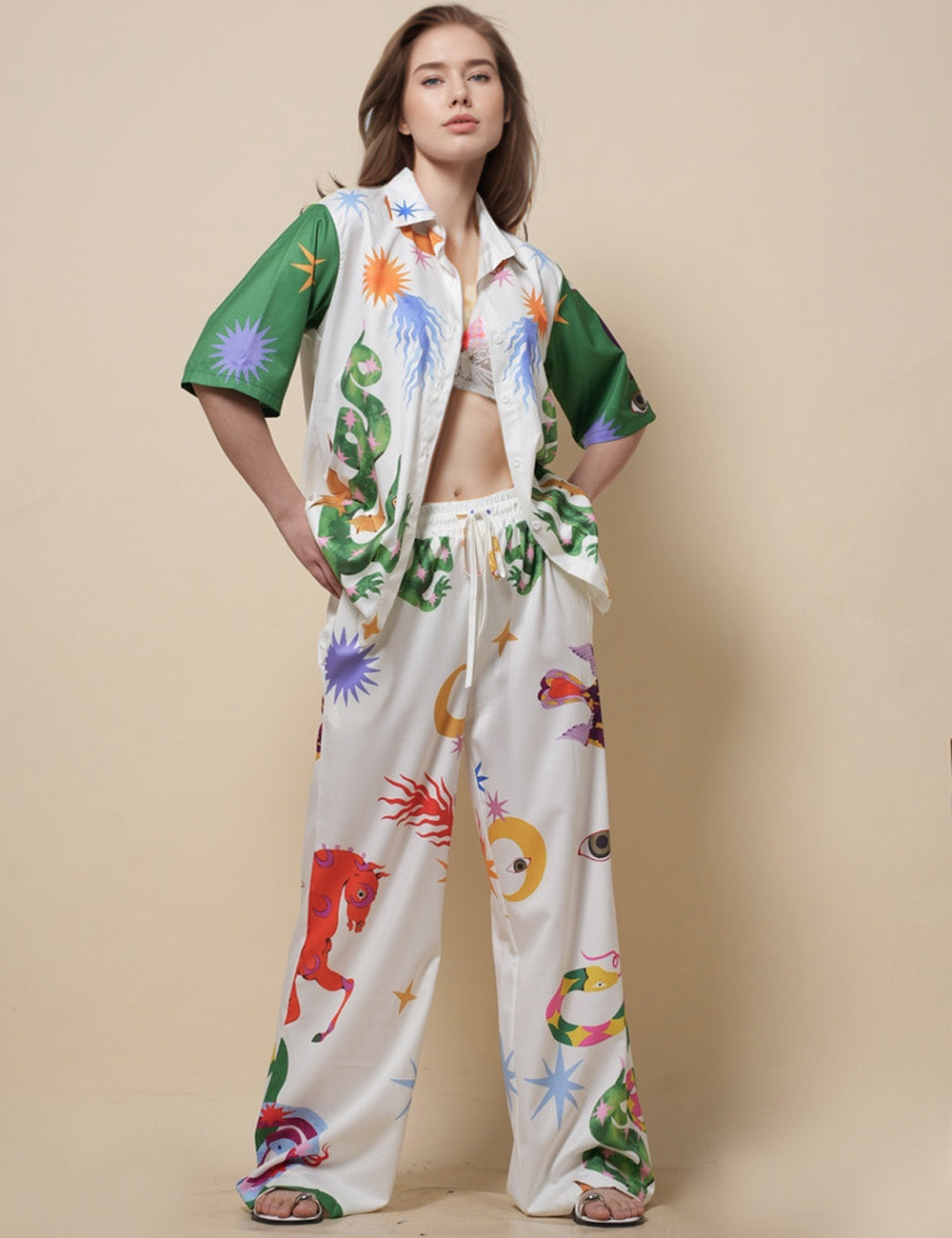 Ladies Turndown Collar Print Top & Pants 2PCS Set SKST51249