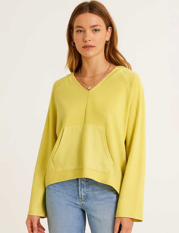 Ladies Cozy V-Neck Pocket Hoodie Cropped Sweatshirt