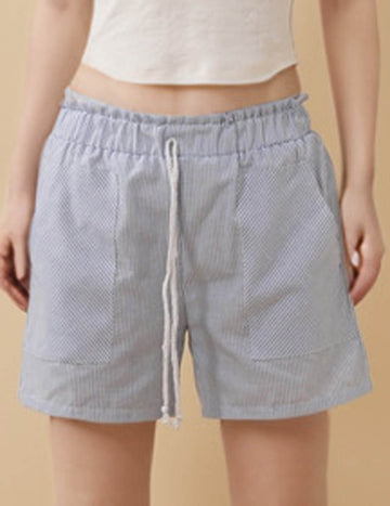 Ladies Color Block Elastic Waist String Tie Striped Shorts