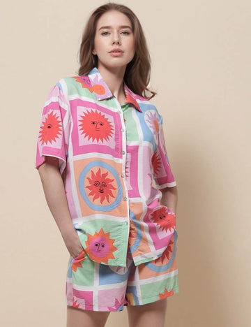 Ladies Turndown Collar Short Sleeves Top & Shorts Set SKST51023