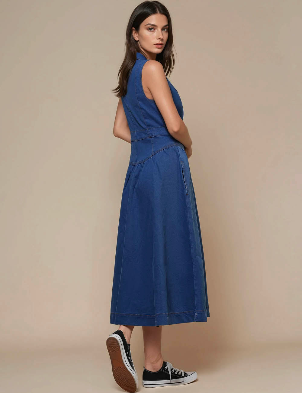 Ladies V-Neck Sleeveless Button Denim Midi Dress SKD50016
