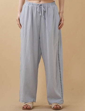 Ladies Solid Color Eyelets Straight Leg Pants 8SKP5CF