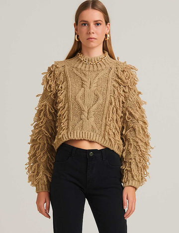 Ladies Chunky Cable Pullover Fringe Puff Sleeves Cropped Sweater