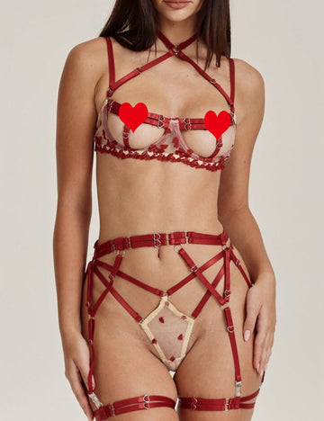 Ladies Spicy Open Bra Embroidery Bandage Lingerie Set SKLG4108