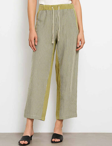 Ladies Striped Color Block Elastic Waist Tie Denim Pants