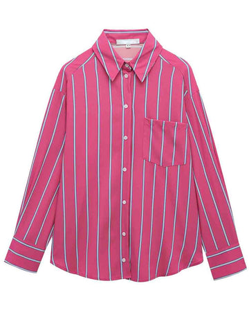 Ladies Color Block Striped Long Sleeves Button Down Shirt