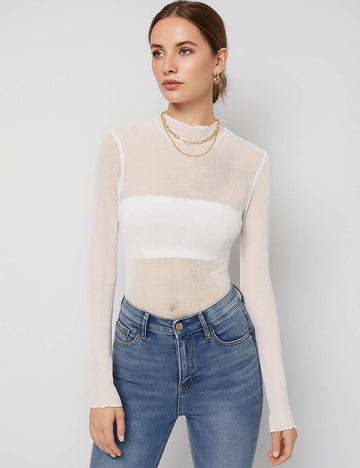 Ladies Mesh Sheer Round Neck Long Sleeves Bodysuit