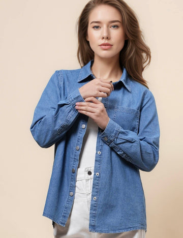 Ladies Turndown Collar Long Sleeves Denim Shirt SKT41036