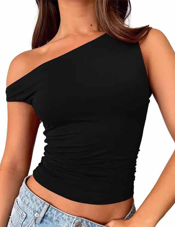 Ladies Solid Color Ruched One Shoulder Short Sleeves Top