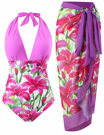 Ladies String Tie Floral Print One Piece Swimwear with Salong