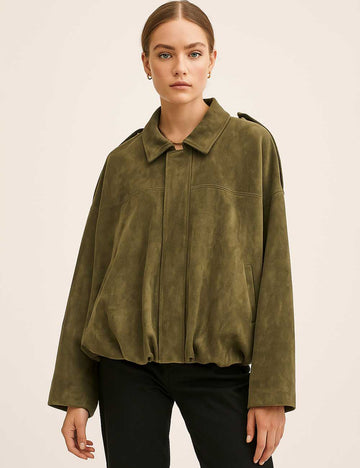 Ladies Faux Suede Bomber Jacket Shirt Collar Zip-Up Coat
