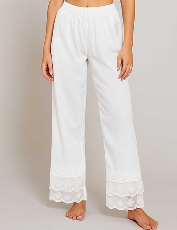 Ladies Solid Color Floral Eyelet Ruffle Wide Leg Pants