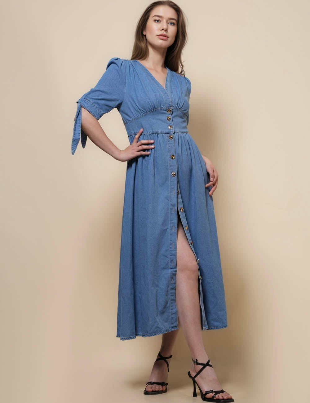 Ladies V-Neck Midi Sleeves String Tie Denim Midi Dresss SKD50036