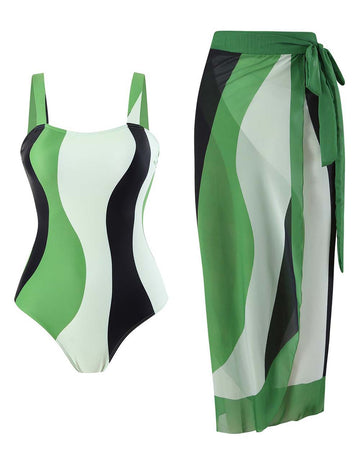 Ladies Striped Print One Piece Swimwear with Salong