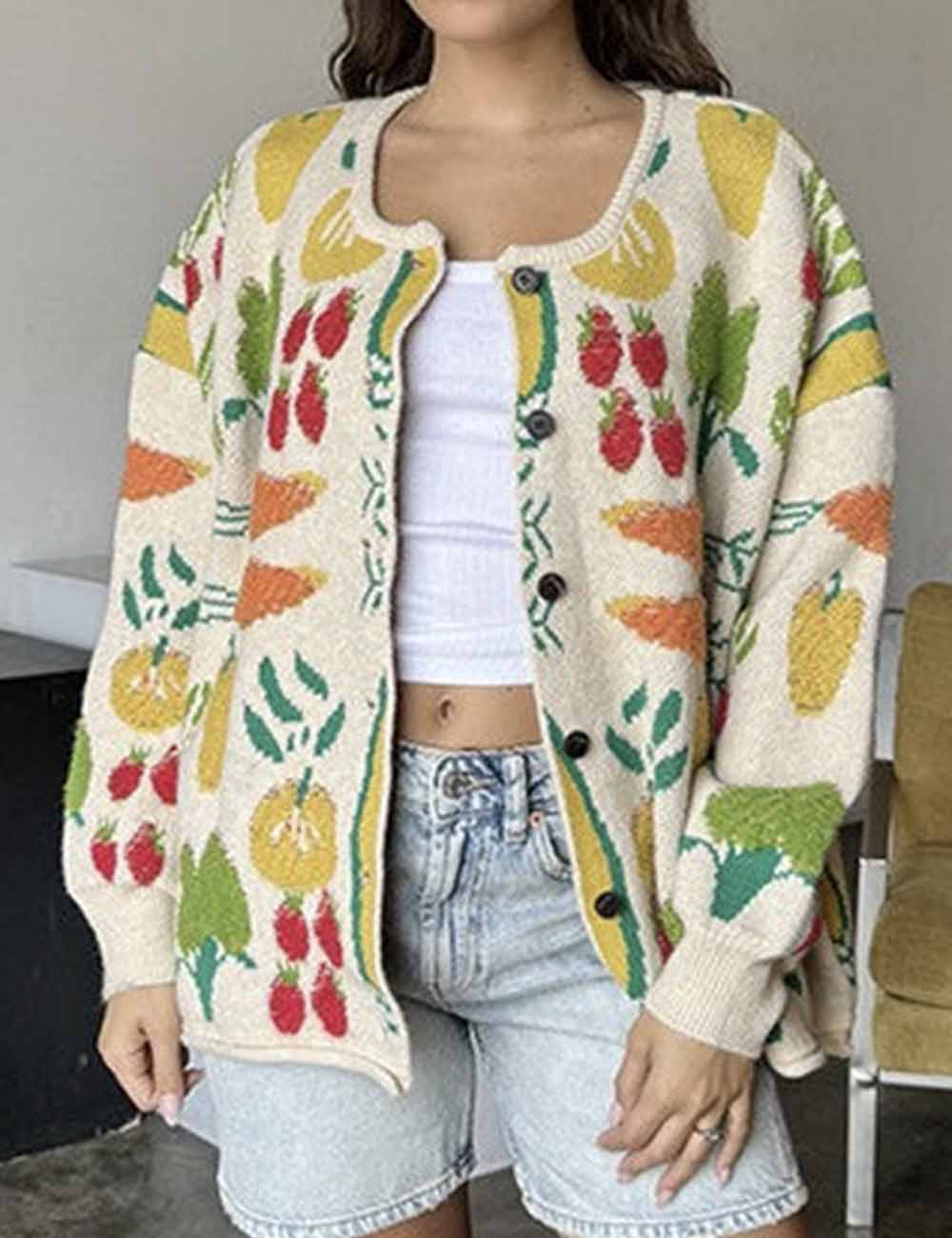 Ladies Veggie Garden Jacquard Round Neck Button Cardigan
