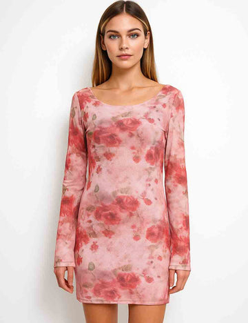 Ladies Rose Flower Round Neck Scoop Back Mesh Mini Dress