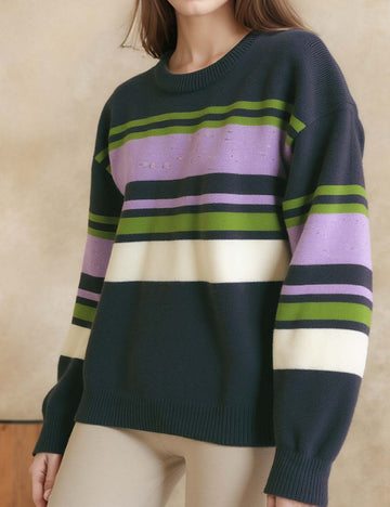Ladies Round Neck Pullover Multicolor Striped Long Sleeves Sweater