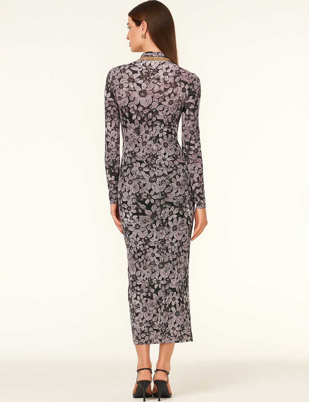 Women Floral Print Turtleneck Bodycon Maxi Dress