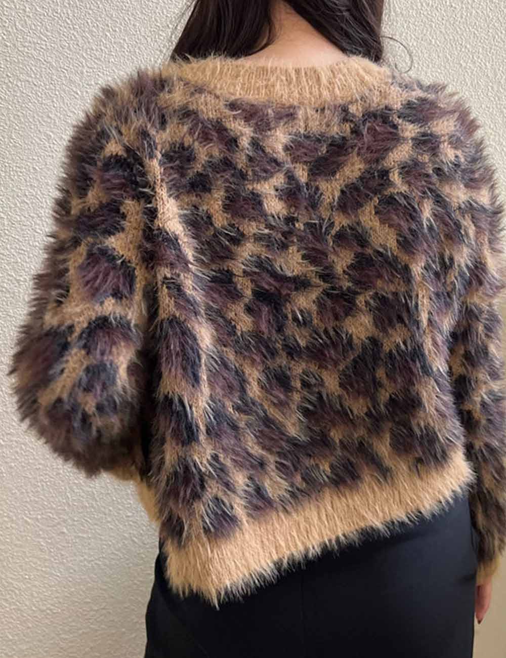 Ladies Leopard Print V-Neck Long Sleeves Knit Cardigan