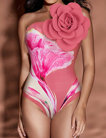 Ladies One Shoulder Floral Print One Piece Swimwear with Salong