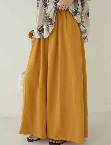 Ladies Solid Color Elastic Waist Wide Leg Pants