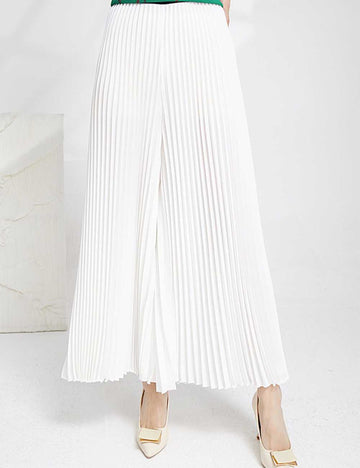 Ladies Solid Color Pleated Wide Leg Pants