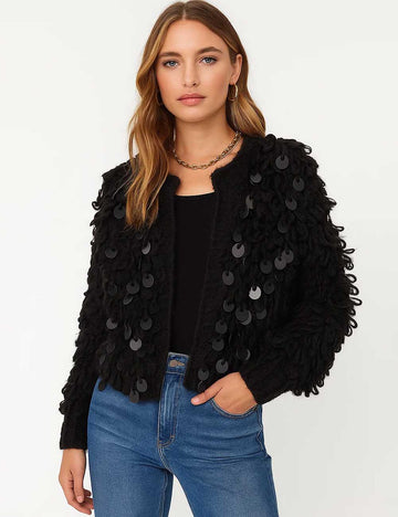 Ladies Crochet Sequin Front Open Faxu Mohair Fur Fluffy Cardigan